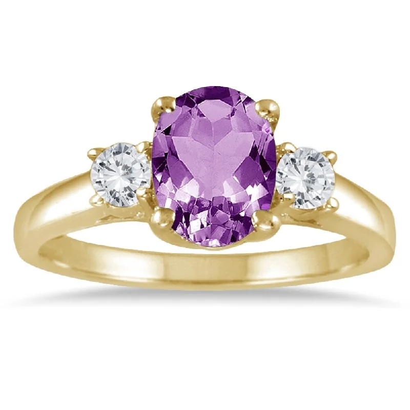 1 3/4 Carat Amethyst and Diamond Three Stone Ring 14K Yellow Gold