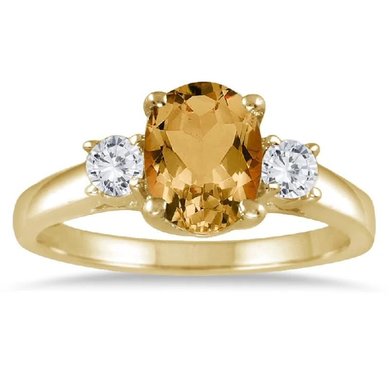 1 3/4 Carat Citrine and Diamond Three Stone Ring 14K Yellow Gold