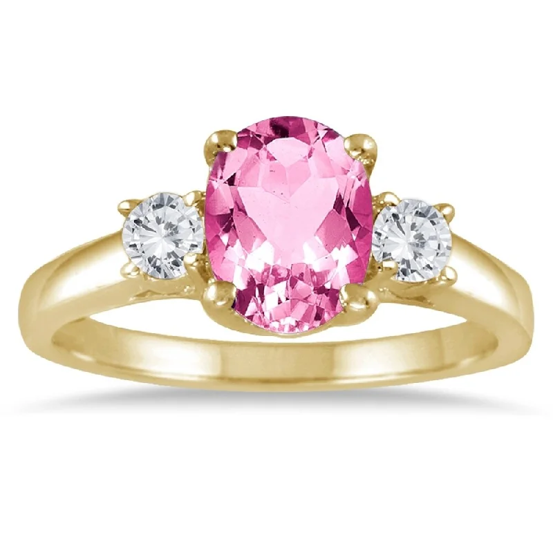 1 3/4 Carat Pink Topaz and Diamond Three Stone Ring 14K Yellow Gold