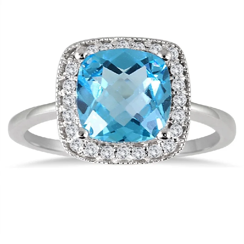 1.70 Carat Cushion Cut Blue Topaz and Diamond Ring in 14K White Gold