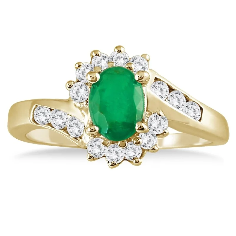 1 Carat Emerald and Diamond Flower Twist Ring in 14K Yellow Gold