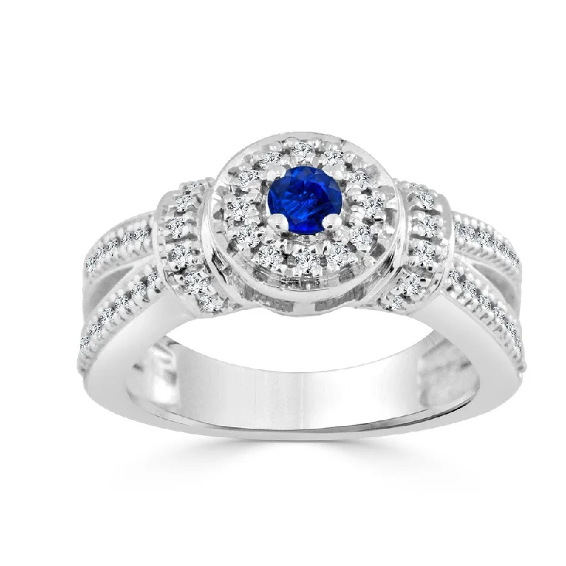 14k Gold 1/6ct Blue Sapphire and 2/5ct TDW Diamond Halo Engagement Ring by Auriya