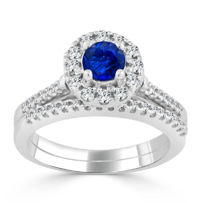 14k Gold 2/5ct Blue Sapphire and 1/3ct TDW Diamond Halo Engagement Ring by Auriya Set