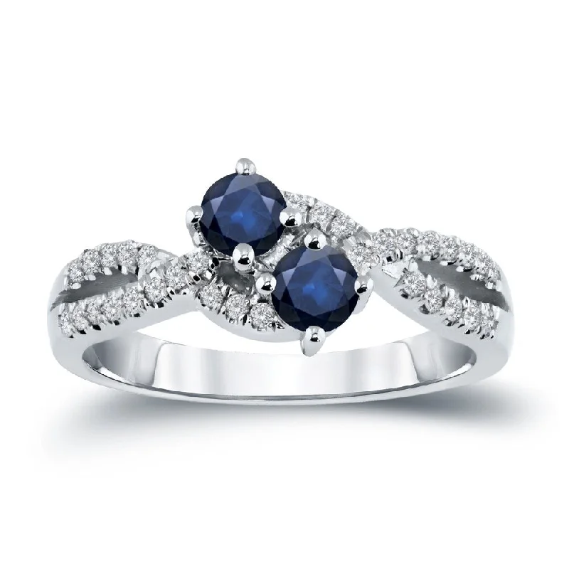 14k Gold Two Stone Round 1/2ct Blue Sapphire and 1/4ct TDW Diamond Engagement Ring