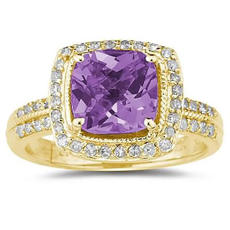 2 1/2 Carat Cushion Cut Amethyst & Diamond Ring in 14K Yellow Gold