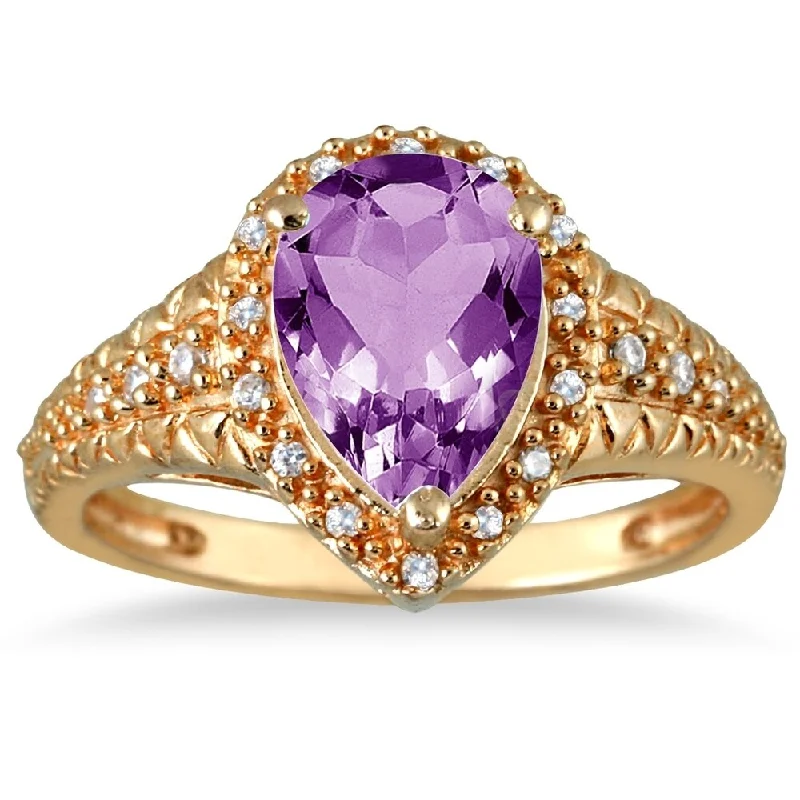 2 Carat Pear Shaped Amethyst and Diamond Ring in 10K Yellow Gold