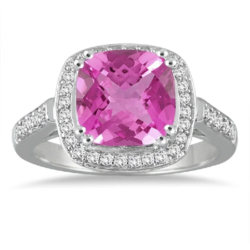 3 1/2 Carat Cushion Cut Pink Topaz and Diamond Ring in 14K White Gold