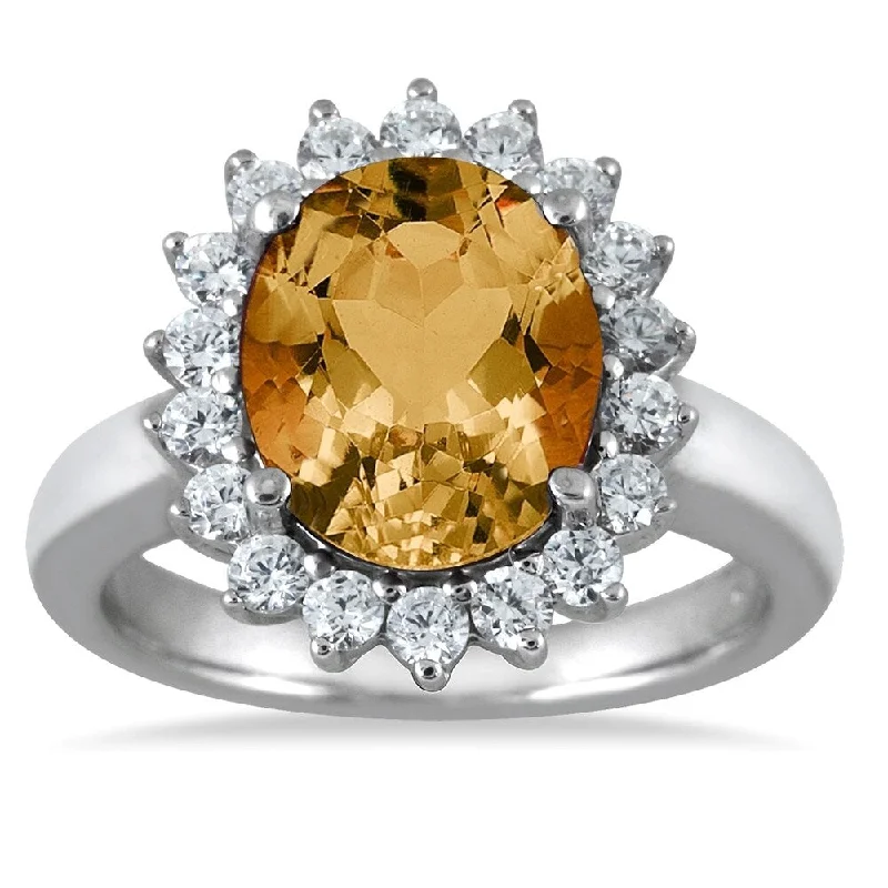 4 Carat Citrine and Diamond Ring in 14K White Gold