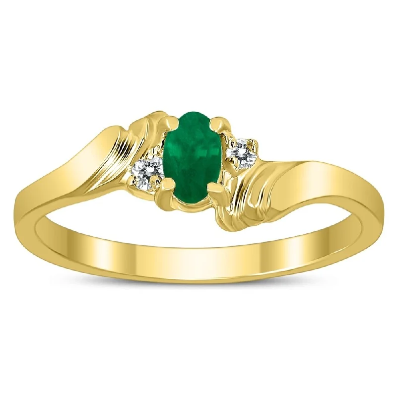 5X3MM Emerald and Diamond Wave Ring in 10K Yellow Gold