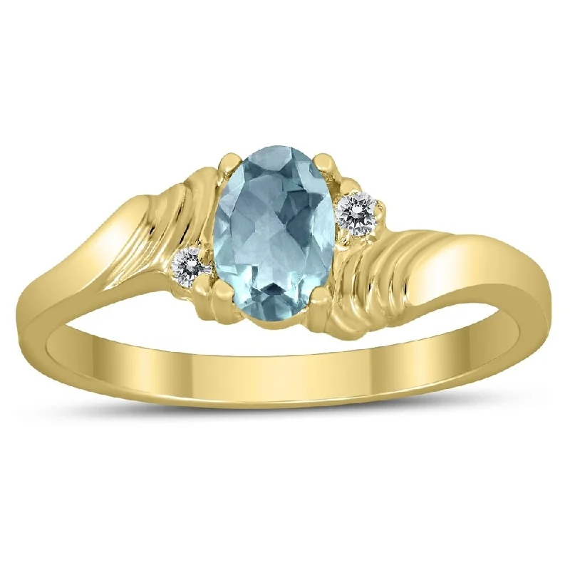 6X4MM Aquamarine and Diamond Wave Ring in 10K Yellow Gold