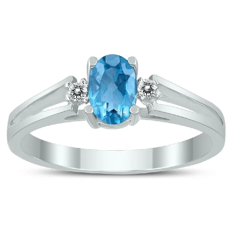 6X4MM Blue Topaz and Diamond Open Three Stone Ring in 10K White Gold