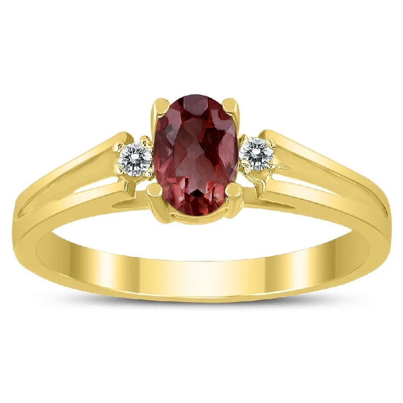 6X4MM Garnet and Diamond Open Three Stone Ring in 10K Yellow Gold