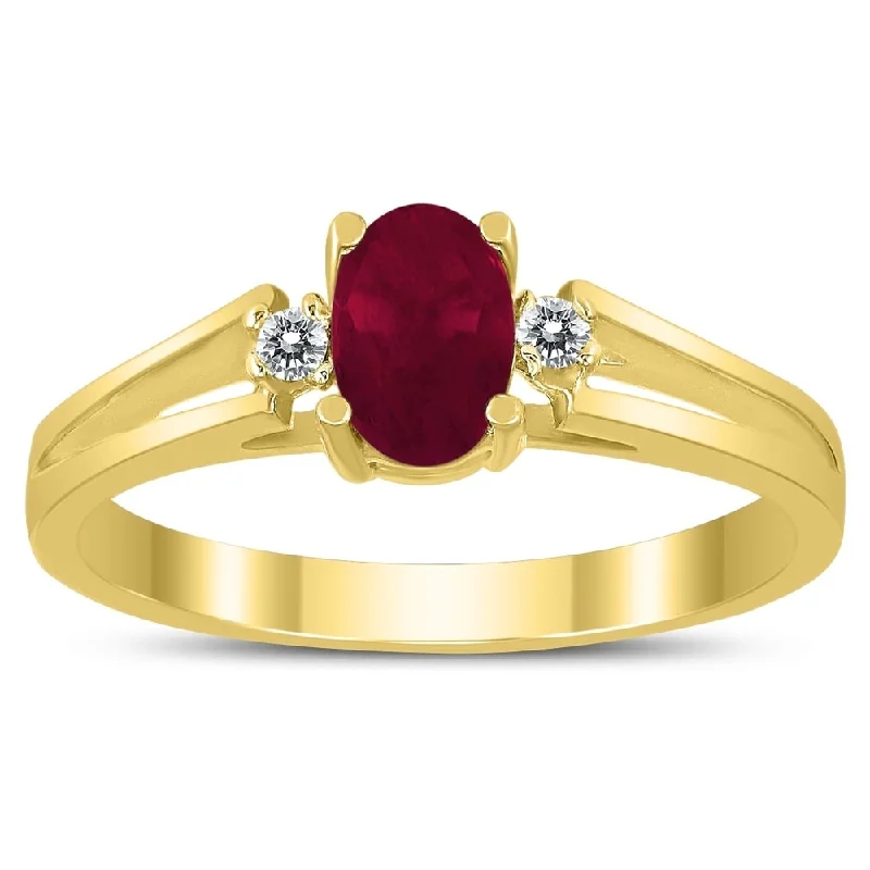 6X4MM Ruby and Diamond Open Three Stone Ring in 10K Yellow Gold