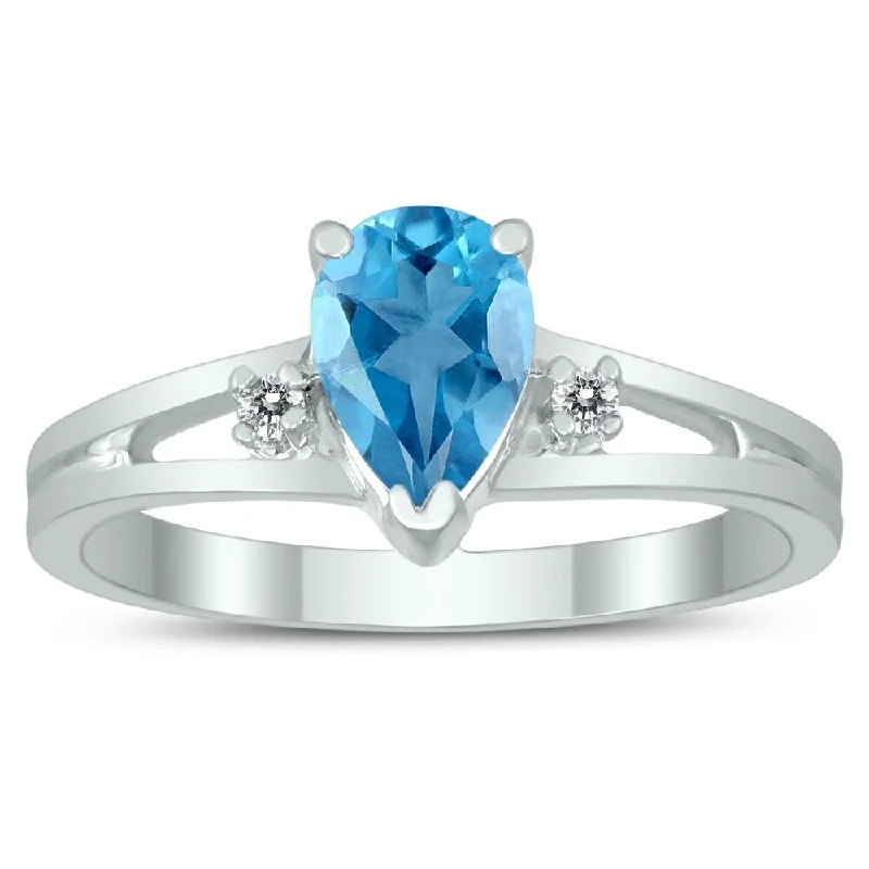 7X5MM Blue Topaz and Diamond Pear Shaped Open Three Stone Ring in 10K White Gold