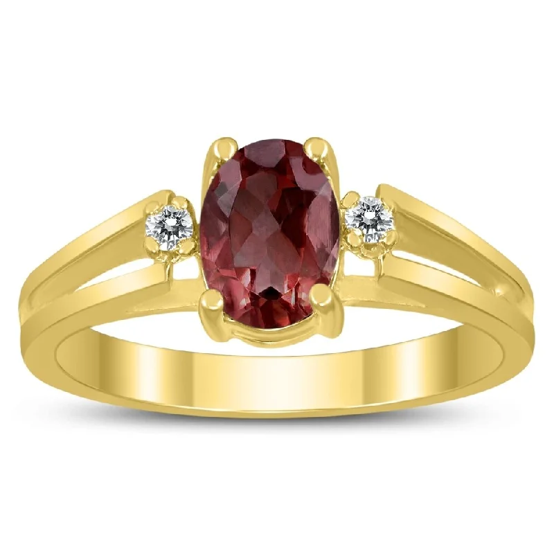 7X5MM Garnet and Diamond Open Three Stone Ring in 10K Yellow Gold