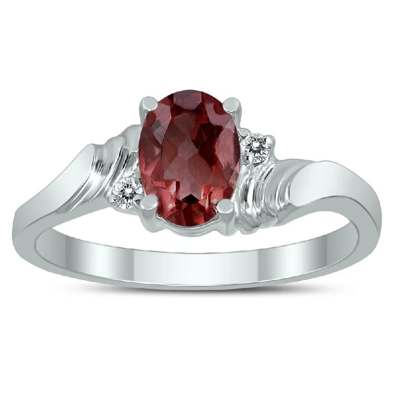 7X5MM Garnet and Diamond Wave Ring in 10K White Gold