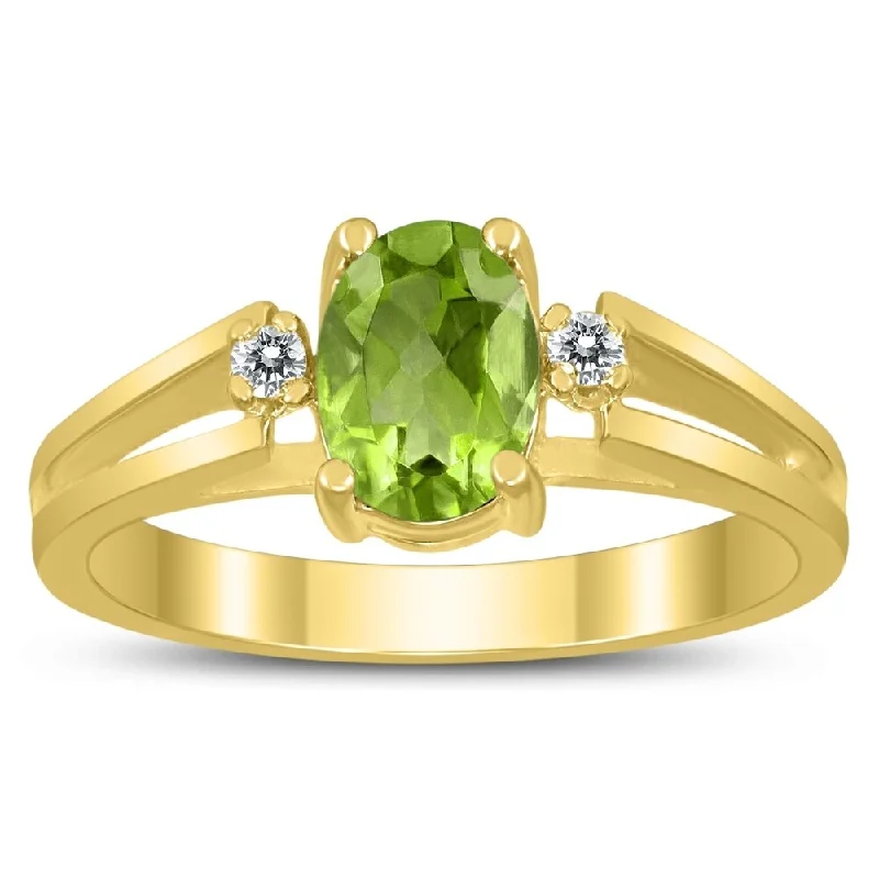 7X5MM Peridot and Diamond Open Three Stone Ring in 10K Yellow Gold