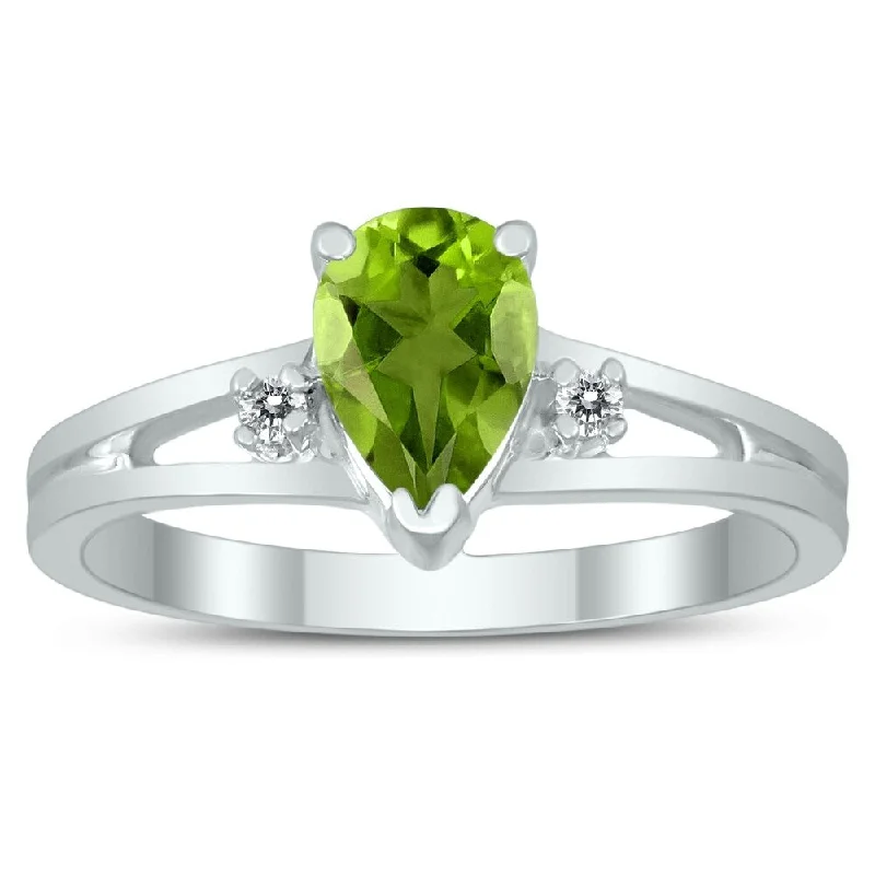 7X5MM Peridot and Diamond Pear Shaped Open Three Stone Ring in 10K White Gold