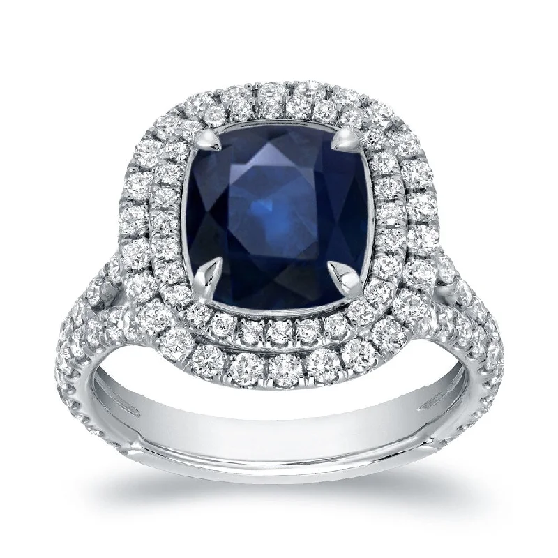 Auriya 3ct Cushion Cut Blue Sapphire and 1 1/5ctw Halo Diamond Engagement Ring 18K Gold