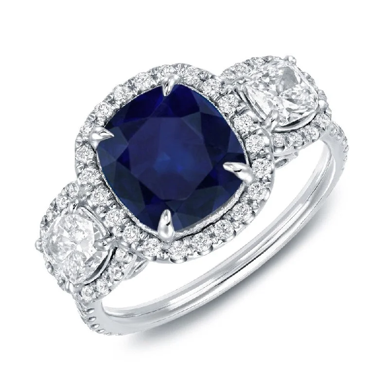 Auriya 3ct Cushion Cut Blue Sapphire and 1 2/5ctw Halo Diamond Engagement Ring 14k White Gold (H-I, SI1-SI2)