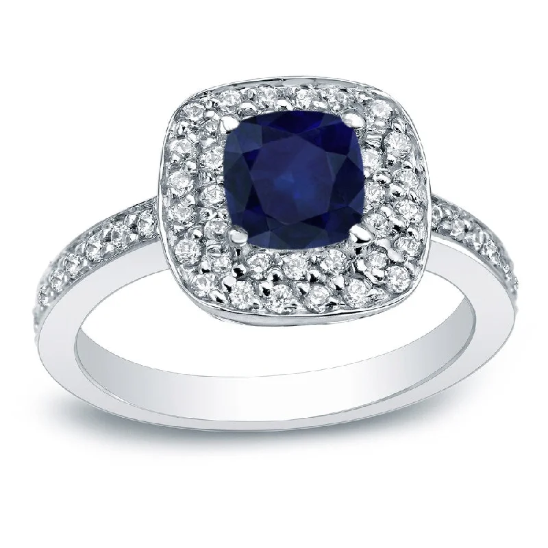 Auriya Platinum 3/4ct Cushion Blue Sapphire and 3/4ctw Halo Diamond Engagement Ring