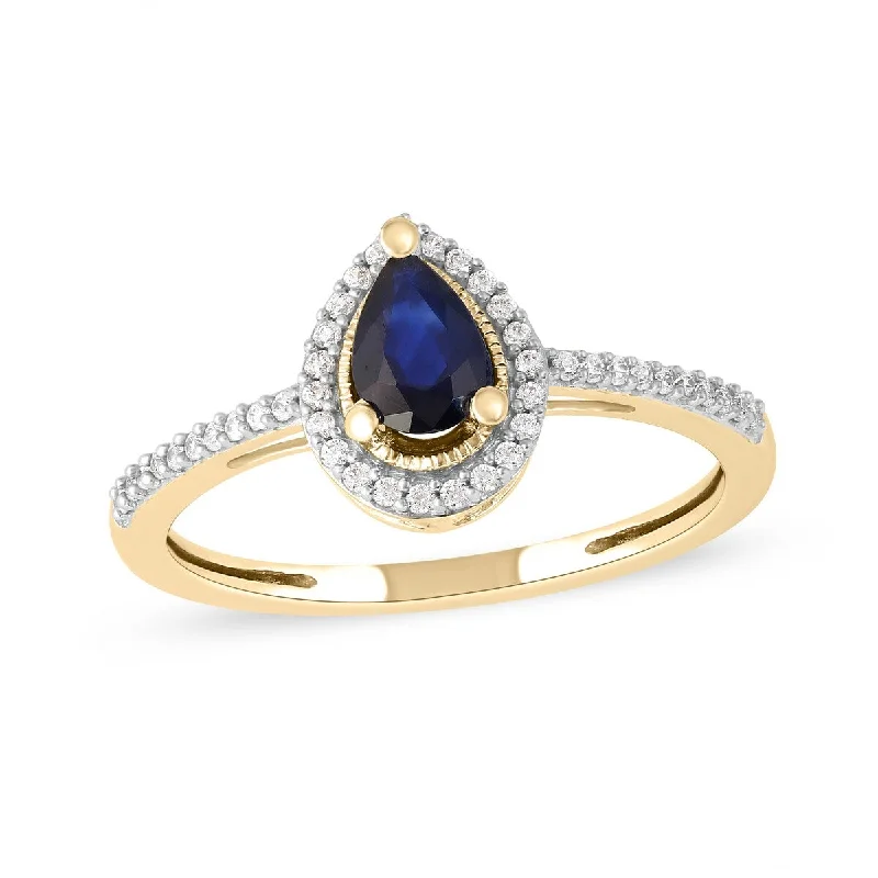 Blue Sapphire Gemstone 1/10ct Diamond Halo Ring in 10k Gold by De Couer