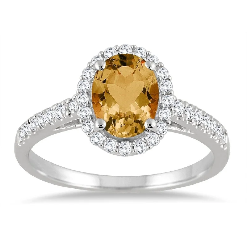 Citrine and Diamond Halo Ring in 10K White Gold