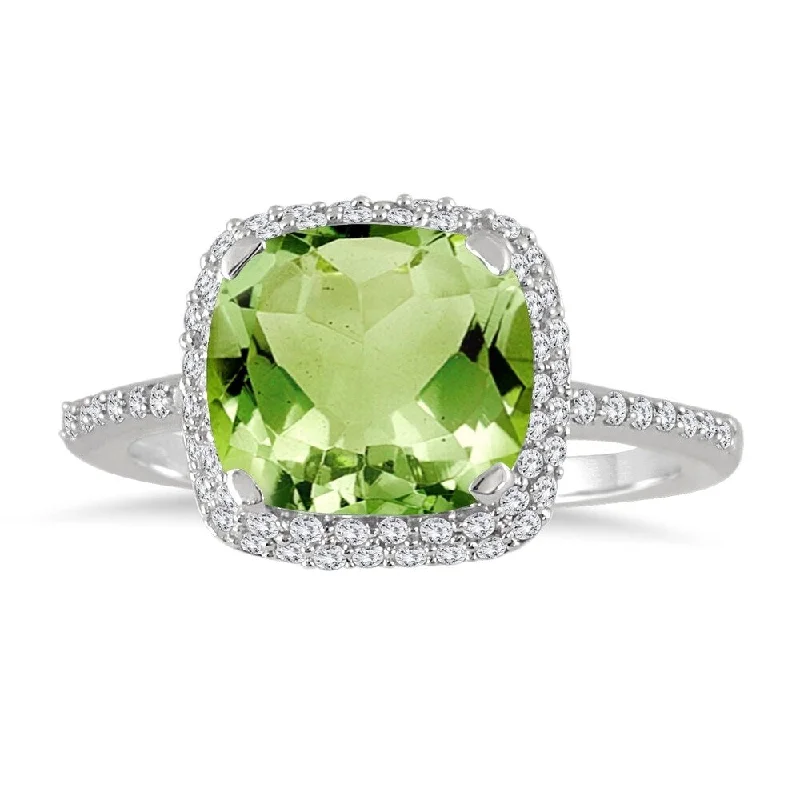 Cushion Cut Peridot and Diamond Halo Ring in 10K White Gold