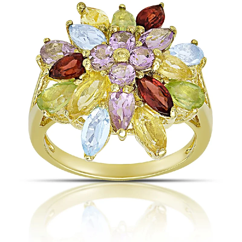 Dolce Giavonna Gold over Sterling Silver Multi Gemstone Cluster Ring (Size 7)