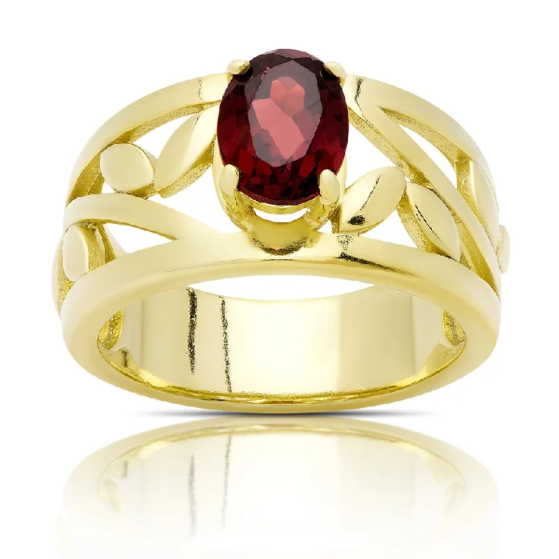 Dolce Giavonna Gold Over Sterling Silver Oval Garnet Leaf Design Ring