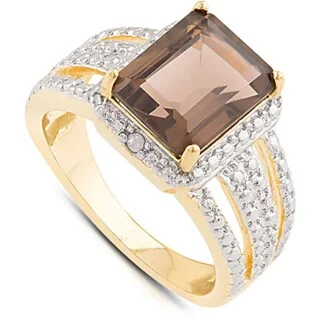 Dolce Giavonna Gold Over Sterling Silver Smokey Quartz and Diamond Accent Square Ring