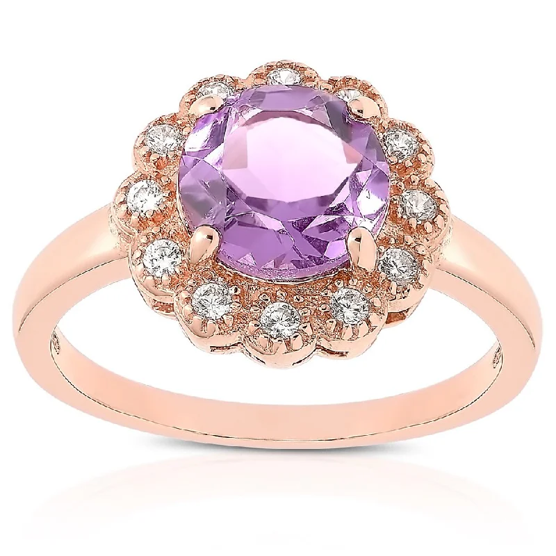 Dolce Giavonna Rose Gold Over Sterling Silver Amethyst and Cubic Zirconia Flower Ring