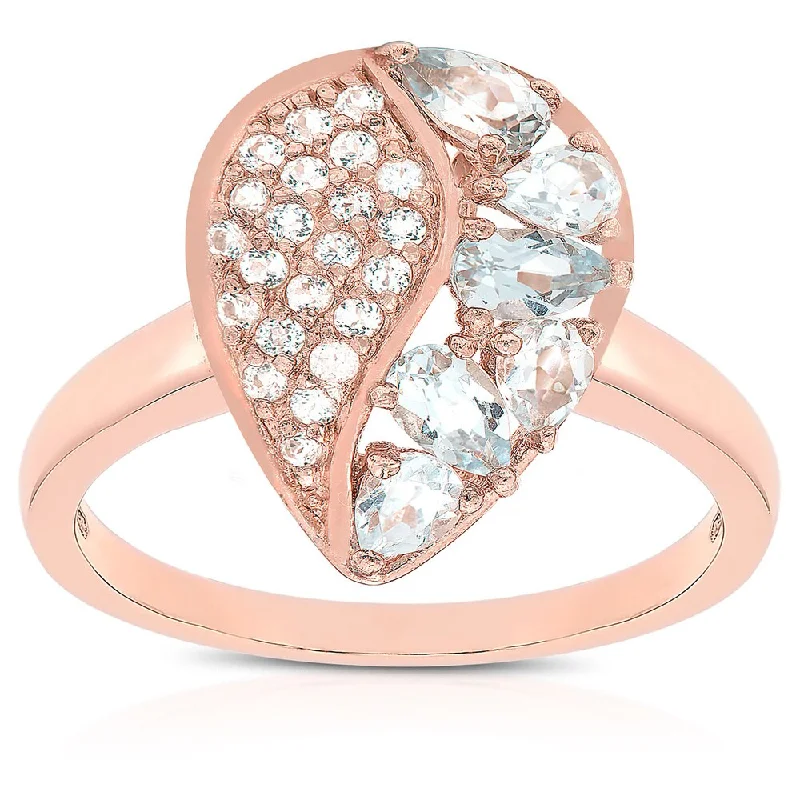 Dolce Giavonna Rose Gold Over Sterling Silver Blue Topaz and Cubic Zirconia Two-tone Teardrop Ring