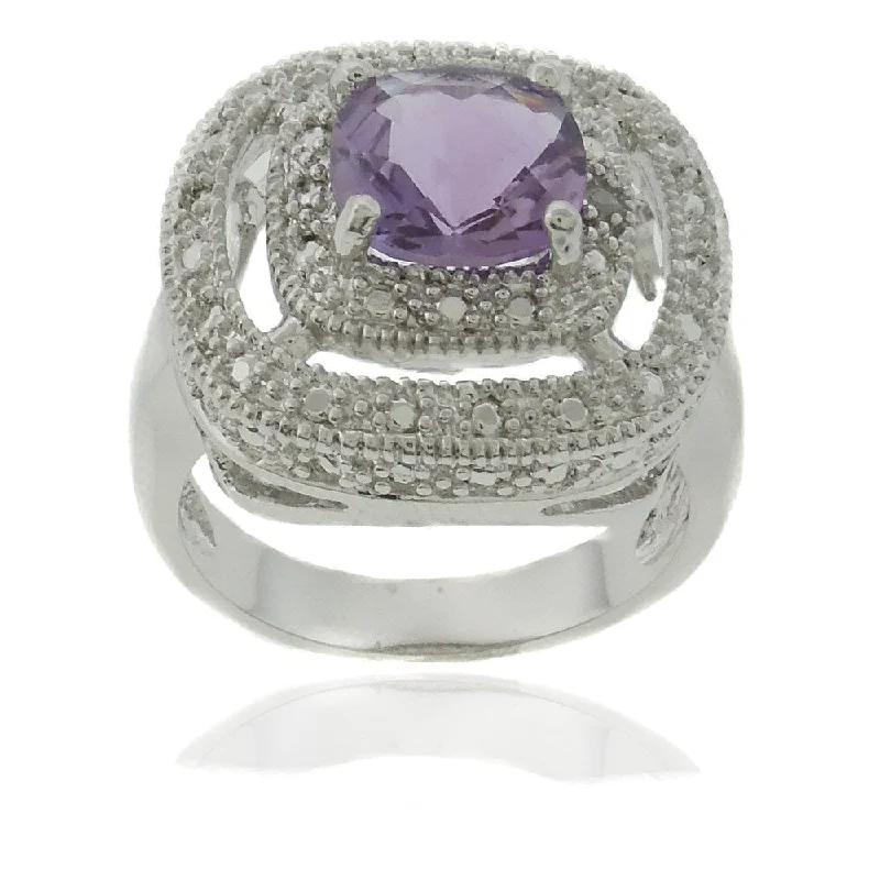 Dolce Giavonna Silver Overlay Amethyst and Diamond Accent Square Ring