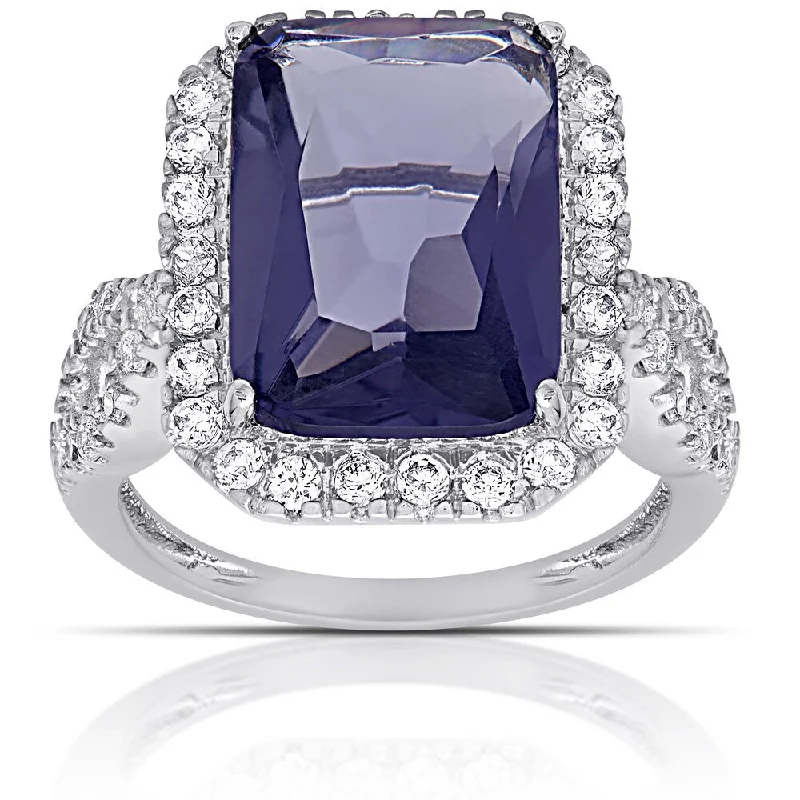 Dolce Giavonna Silver Overlay Simulated Tanzanite and Cubic Zirconia Emerald-cut Ring (Size 7)