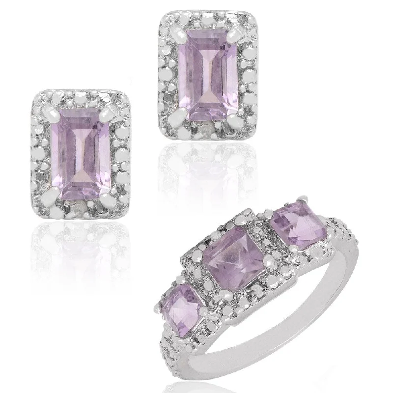 Dolce Giavonna Sterling Silver Amethyst and Diamond Accent Three-stone Ring with Bonus Pair of Stud Earrings