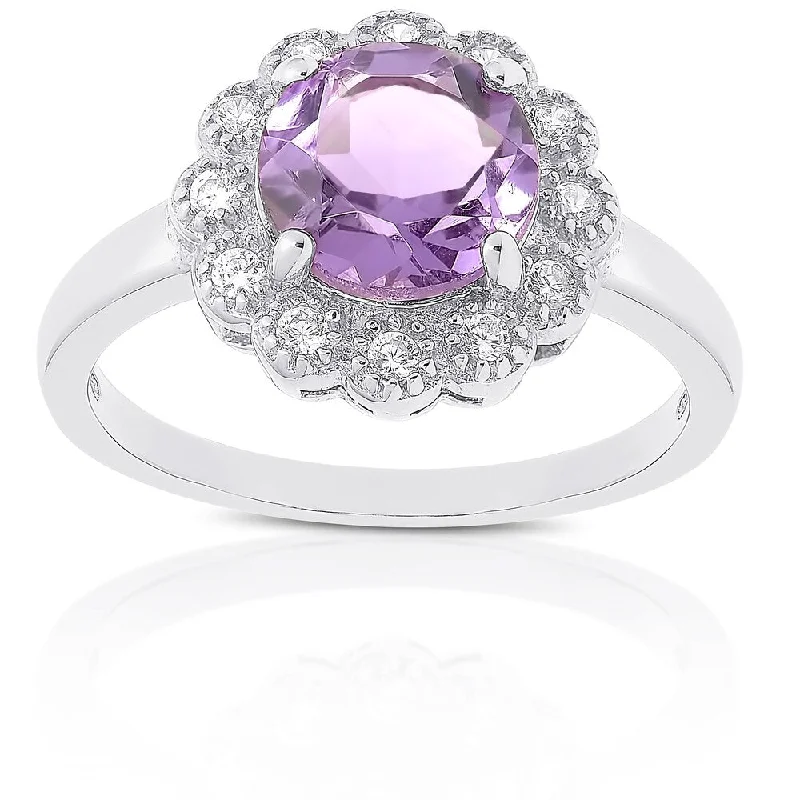 Dolce Giavonna Sterling Silver Amethyst and White Topaz Ring