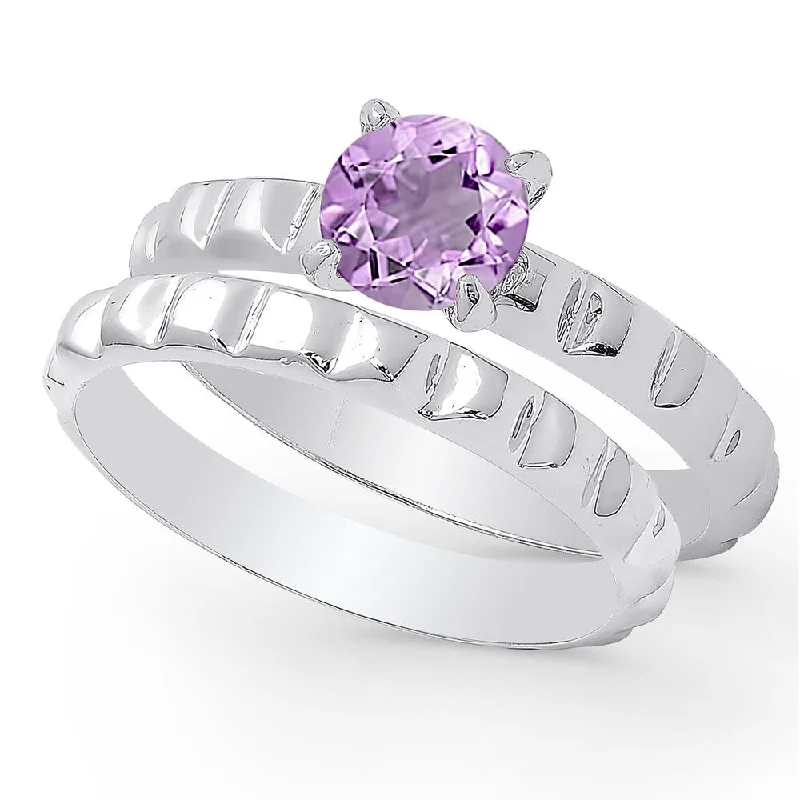 Dolce Giavonna Sterling Silver Amethyst Solitaire Bridal Ring Set