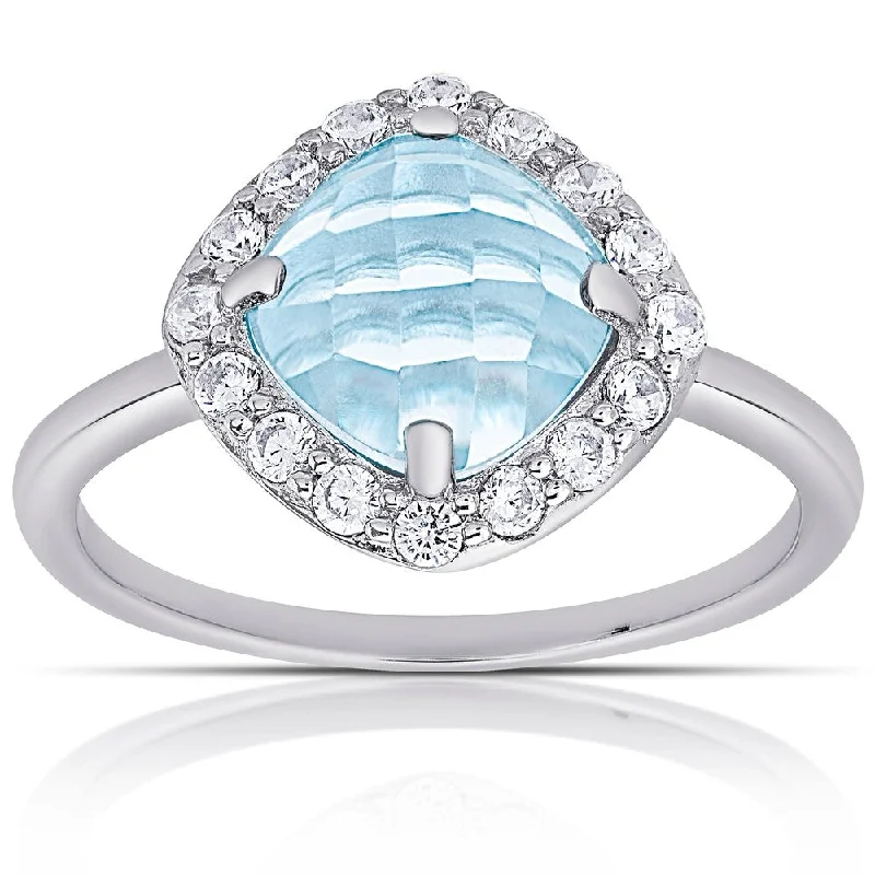 Dolce Giavonna Sterling Silver Blue Topaz and Cubic Zirconia Halo Design Ring - White