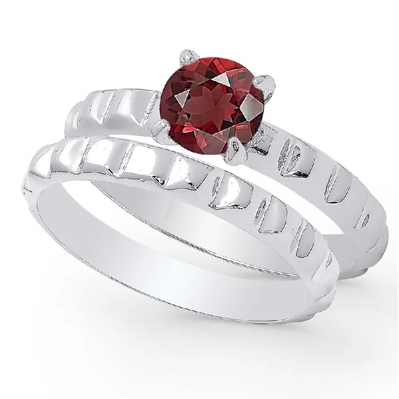 Dolce Giavonna Sterling Silver Garnet Solitaire Bridal Ring Set