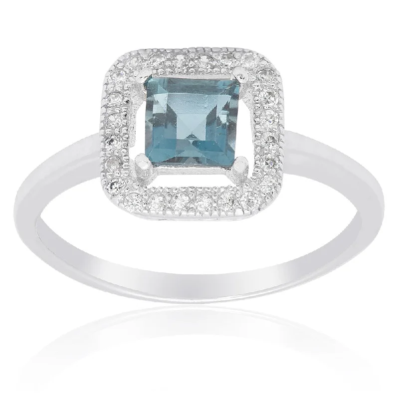 Dolce Giavonna Sterling Silver London Blue Topaz and Cubic Zirconia Square Solitaire Ring