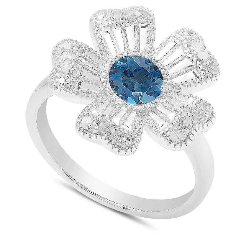 Dolce Giavonna Sterling Silver London Blue Topaz and Diamond Accent Flower Ring