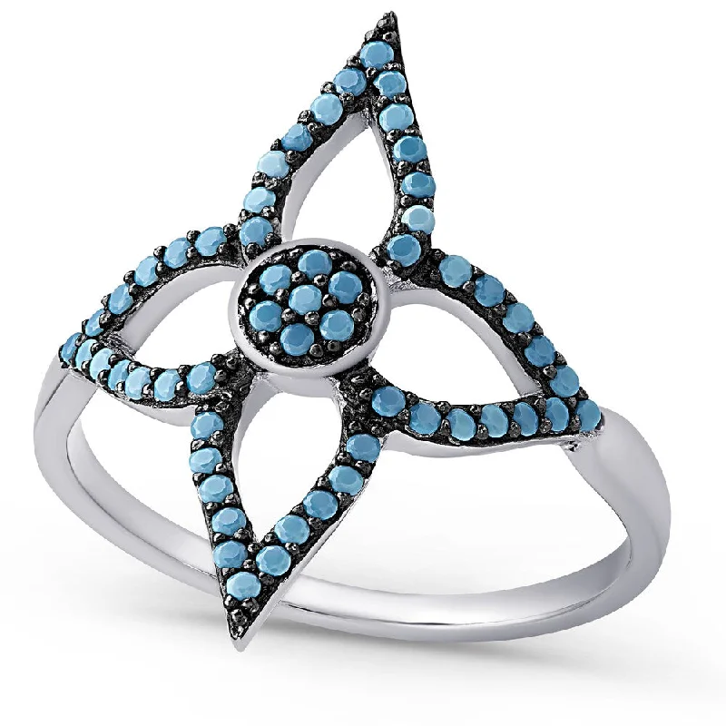 Dolce Giavonna Sterling Silver Simulated Nano Turquoise Flower Ring (Size 7)