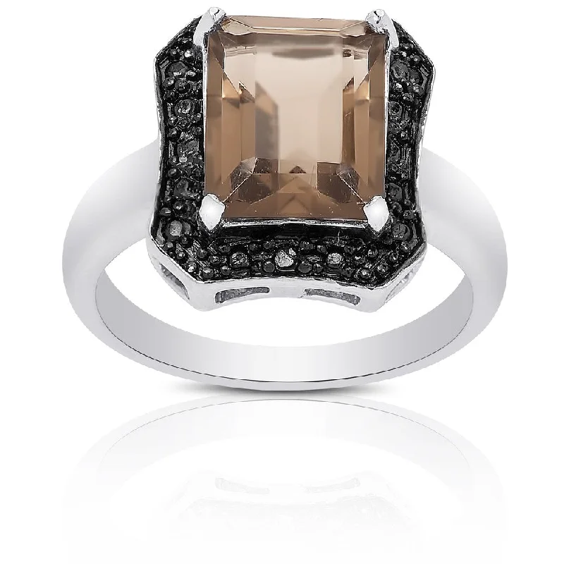 Dolce Giavonna Sterling Silver Smokey Quartz and Diamond Accent Square Ring