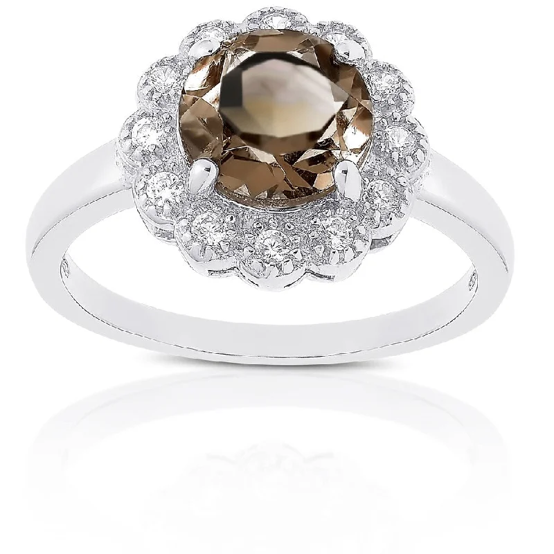 Dolce Giavonna Sterling Silver Smokey Quartz and White Topaz Flower Ring