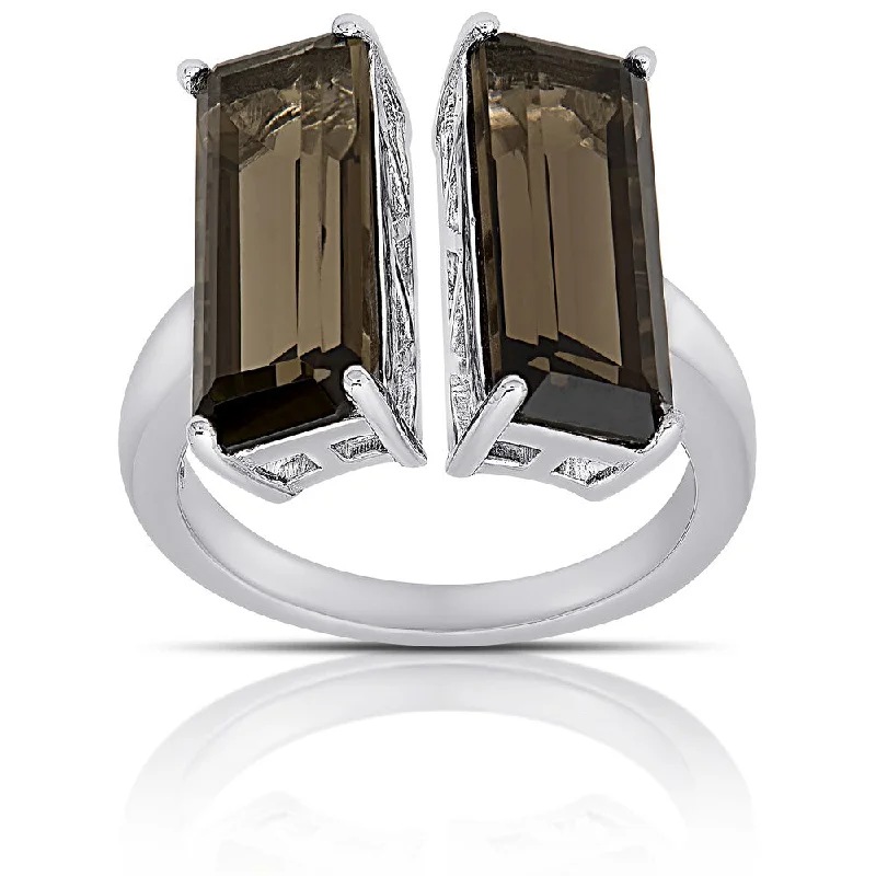 Dolce Giavonna Sterling Silver Smokey Quartz Double T Bar Ring