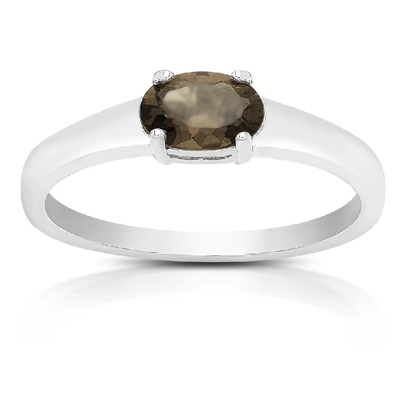 Dolce Giavonna Sterling Silver Smokey Quartz Oval Solitaire Ring