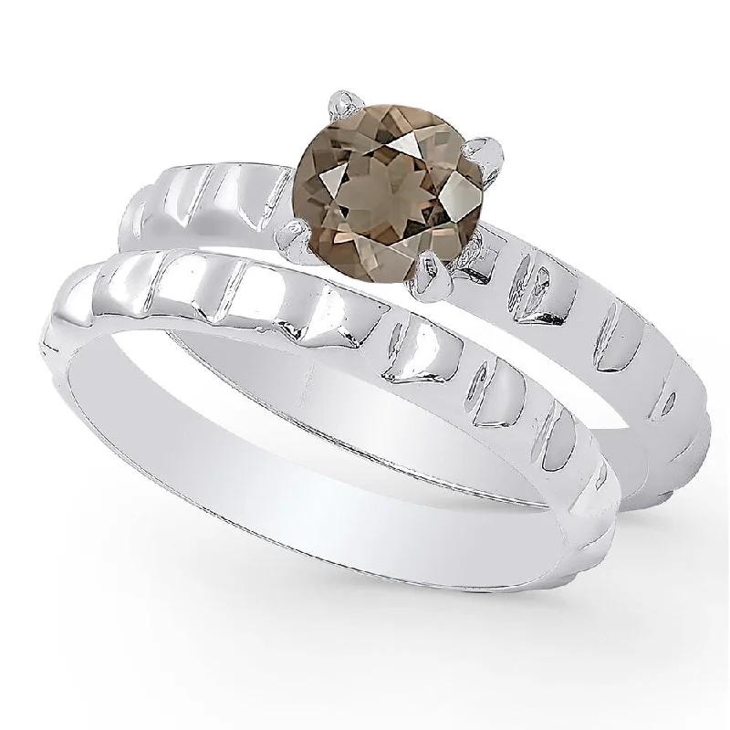 Dolce Giavonna Sterling Silver Smokey Quartz Solitaire Bridal Ring Set