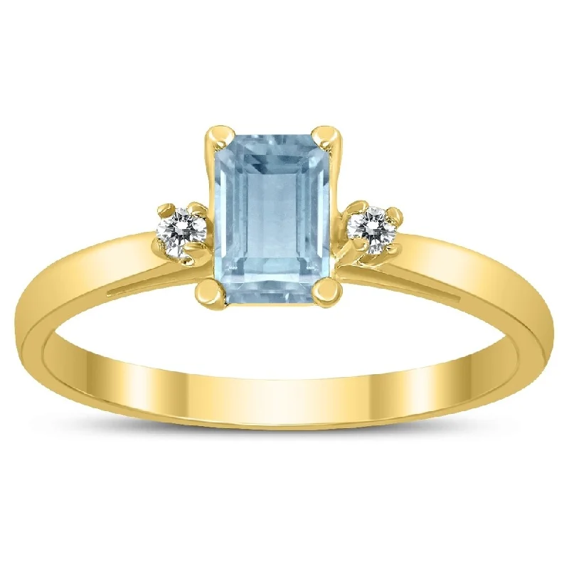 Emerald Cut 6X4MM Aquamarine and Diamond Three Stone Ring in 10K Yellow Gold