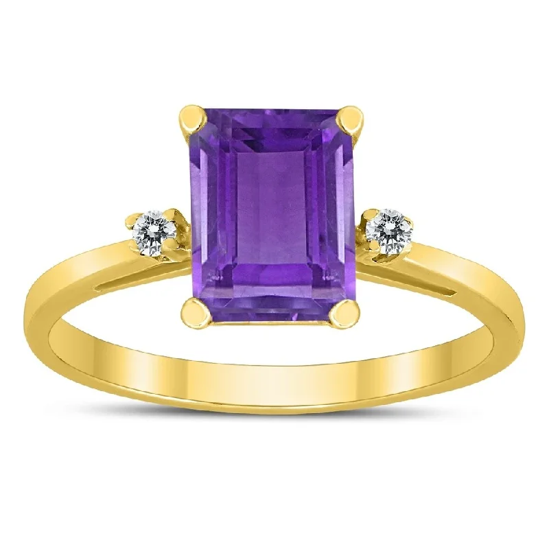 Emerald Cut 8X6MM Amethyst and Diamond Three Stone Ring in 10K Yellow Gold